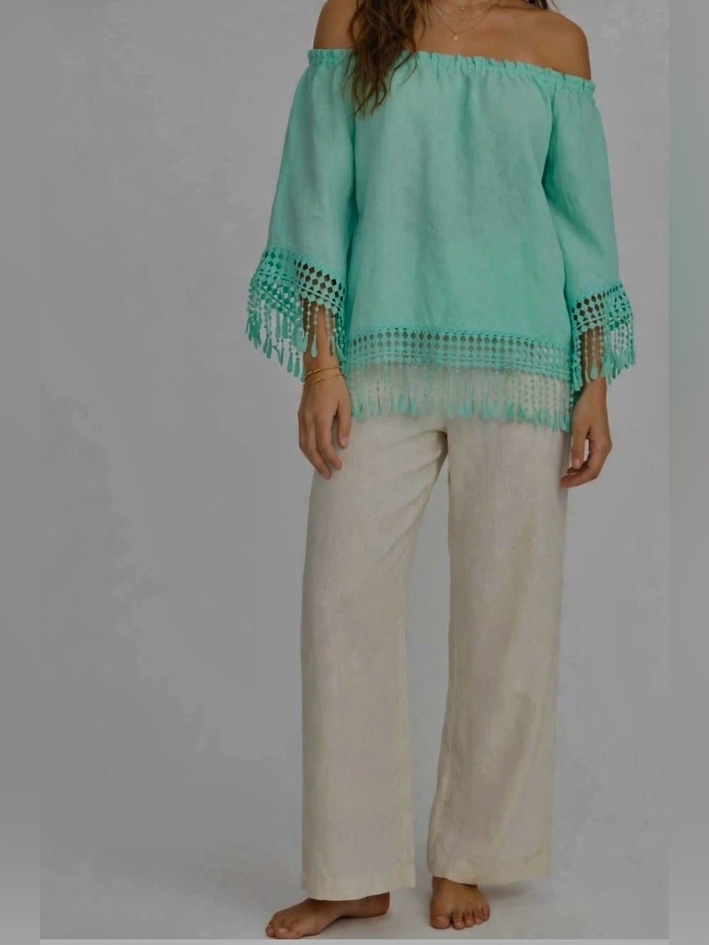 Womens Large Melissa Paige Boho Peasant Blouse Crochet Fringe Festival Beach Top